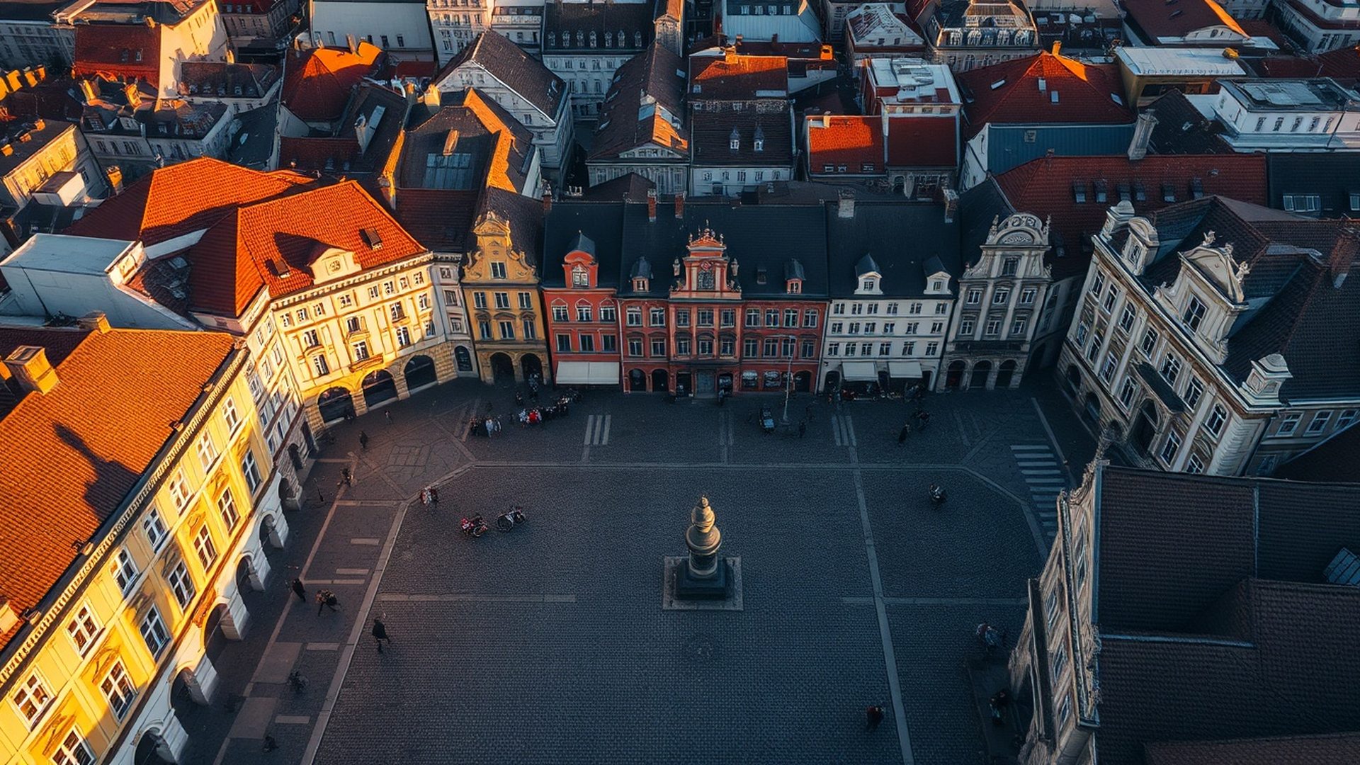 Widok z lotu ptaka na Stary Rynek w Poznaniu o zachodzie słońca